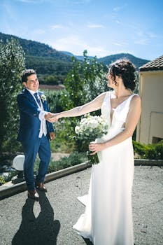 Bride and groom smiling holding hands outdoors on a sunny wedding day.