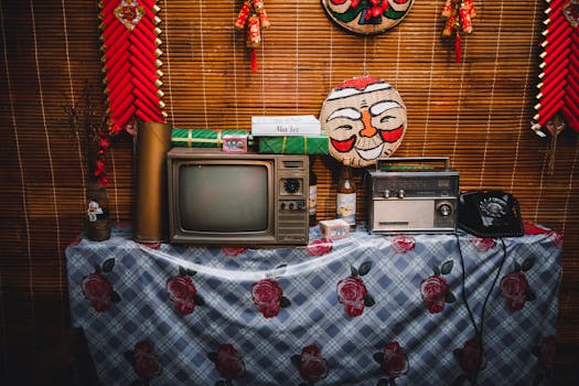 A nostalgic Vietnamese room with vintage TV, radio, and phone setup.