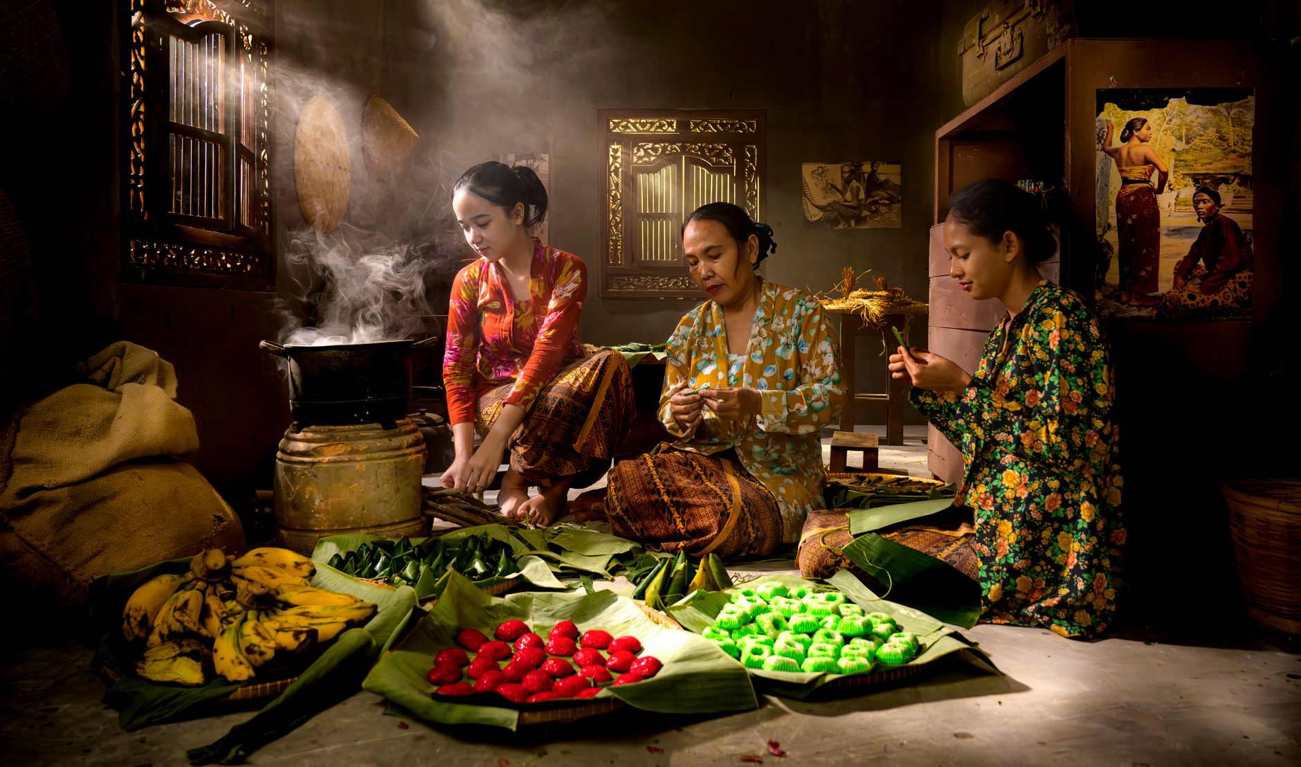 Group of women in traditional Indonesian setting preparing food with vibrant colors.
