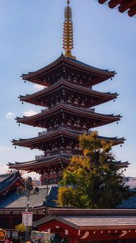 Stunning view of the iconic five-story pagoda at Sensoji Temple in Asakusa, Tokyo, Japan. Perfect travel destination.