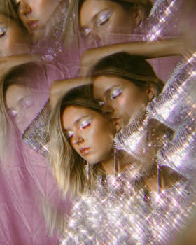这幅富有创意的双重曝光肖像，以粉色色调和闪闪发光的效果，展现出奇幻与魅力