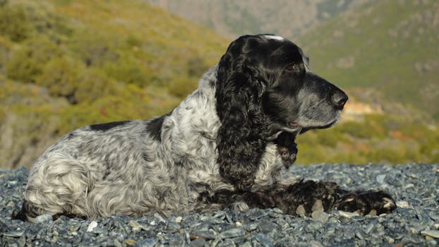 Black and white English Cocker Spaniel lying on rocky ground in Ogliastro, Corse, France, surrounded by nature.