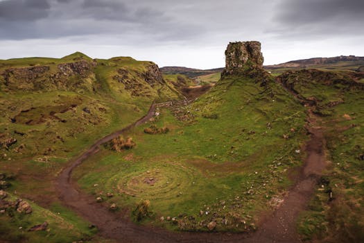 Stunning landscape featuring an ancient rock formation in Scotland.