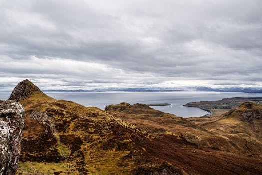Breathtaking view of the Isle of Skye's rugged coastline under a cloudy sky.