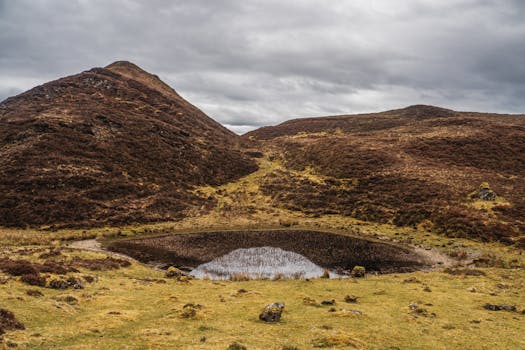 Serene landscape with grassy hills and a small pond under a cloudy sky.
