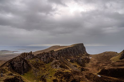 Stunning view of rugged cliffs and ocean under a moody sky on the Isle of Skye.