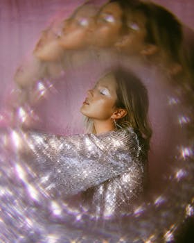 一位女性艺术肖像，身着闪闪发光的银色服装，并带有双重曝光效果