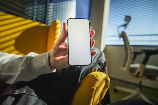 Close-up of a hand holding a smartphone in a bright, modern office with yellow chair and natural light.