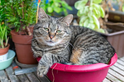 Un gatto soriano è comodamente sdraiato in un vaso rosso, circondato dal verde del giardino.
