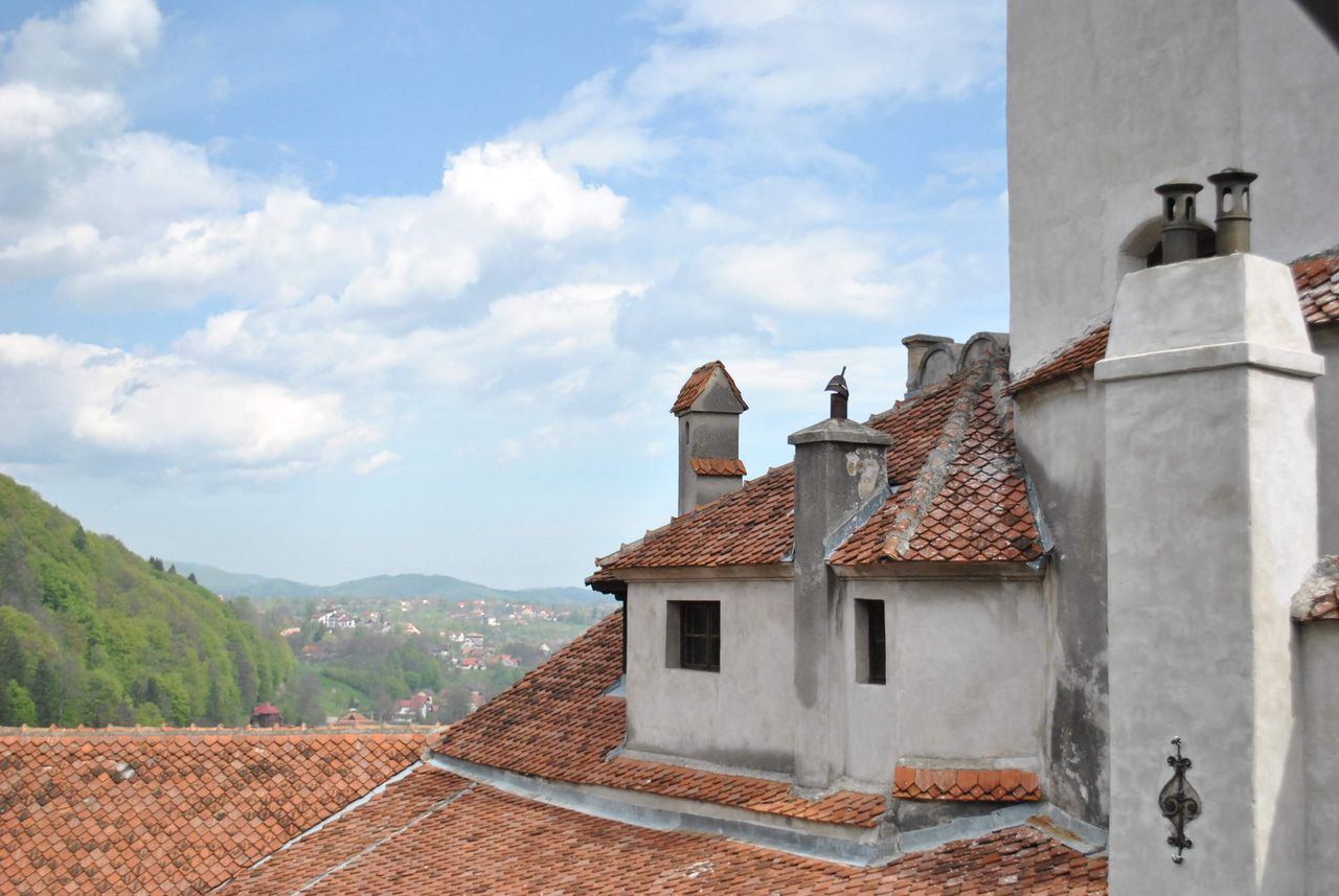 a picturesque castle rooftop overlooks a mountain landscape under a br
