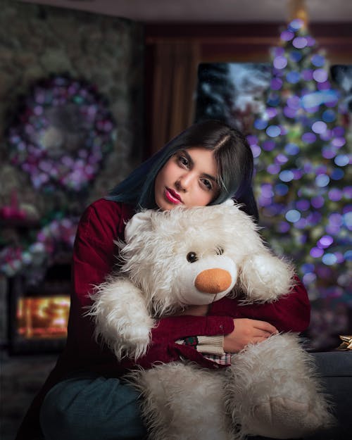 Free Woman Holding White Bear Plush Toy Stock Photo