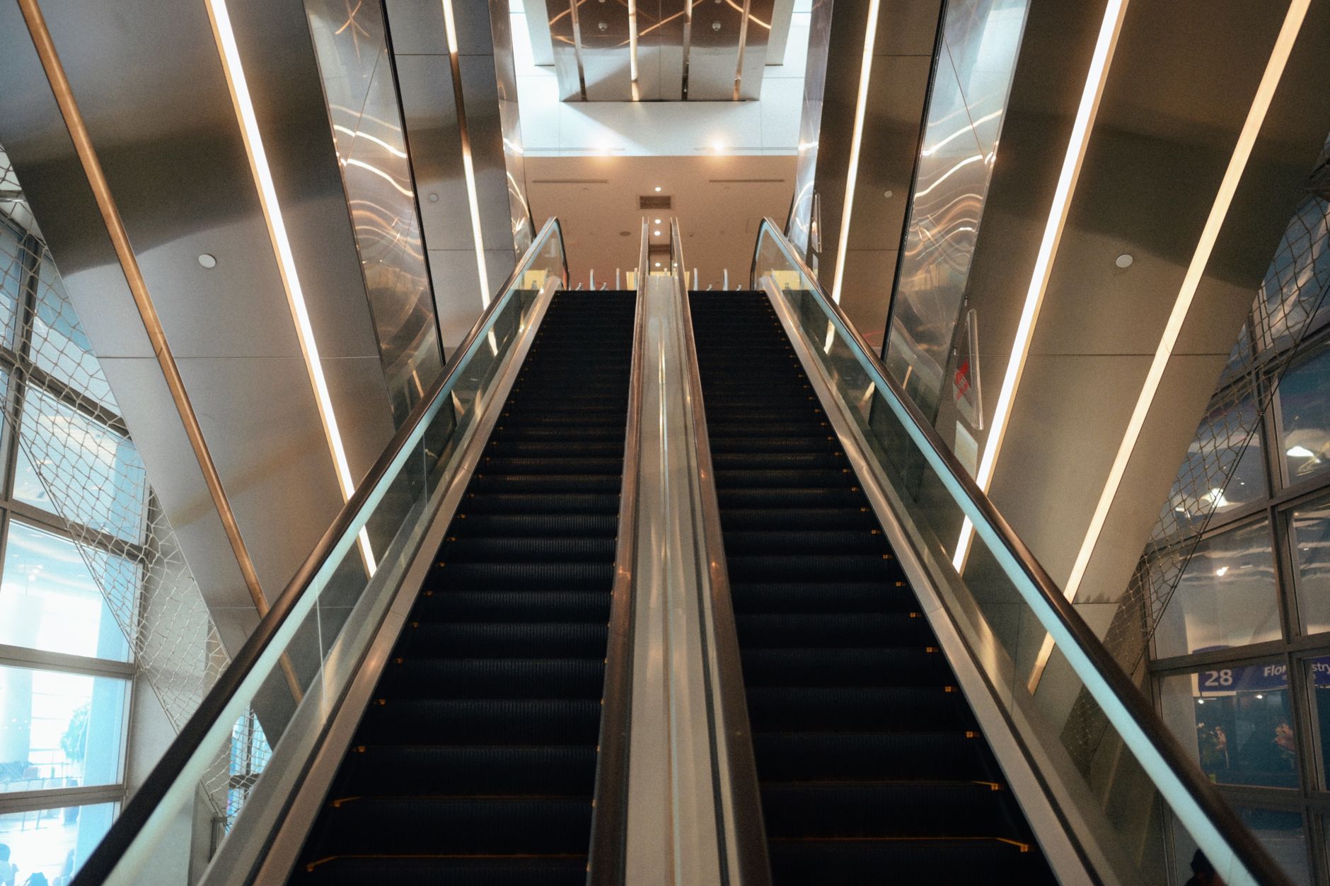 A sleek escalator ascending in a contemporary indoor environment.