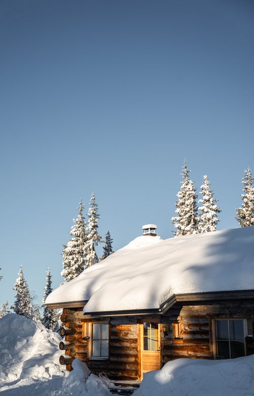 Free Charming snow-covered cabin nestled in a serene winter forest setting under a clear blue sky. Stock Photo