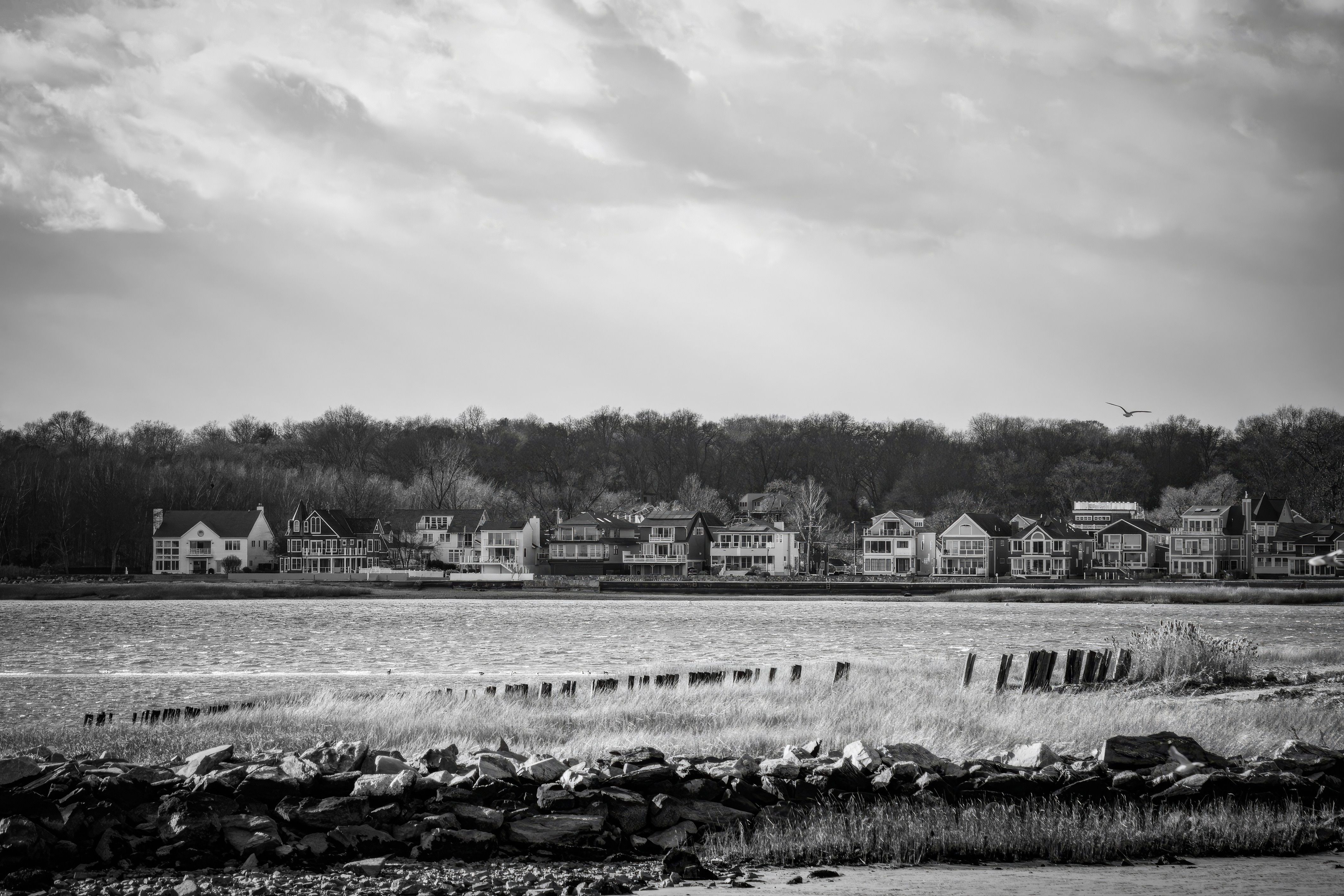 Scenic black and white view of a serene coastal town along a riverbank.