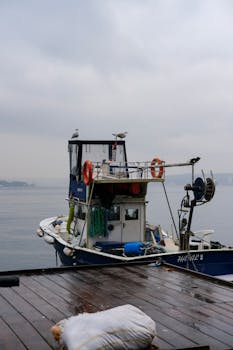 A fishing boat is docked on a rainy day in İstanbul, Türkiye, capturing the tranquil maritime scene.