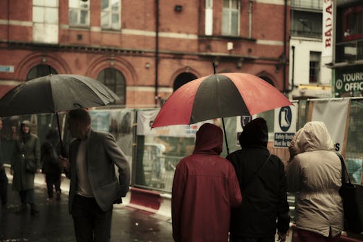 Candid scene of people walking under umbrellas on a rainy city street.