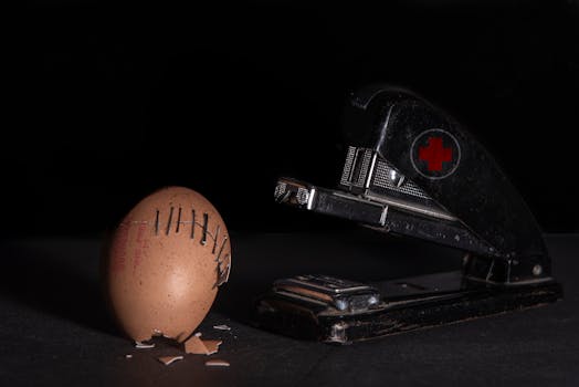 A conceptual image of a stapler 'repairing' a cracked egg with staples.