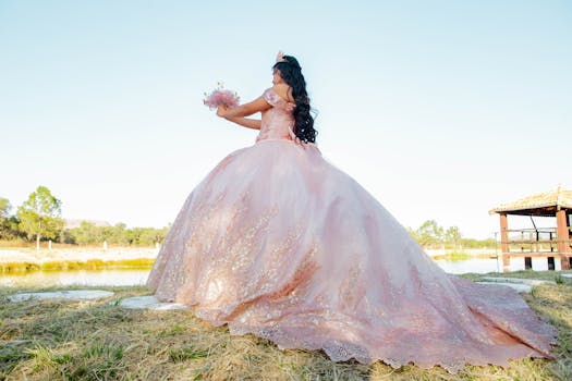 Elegant quinceañera in a pink dress outdoors in San Felipe, Mexico.
