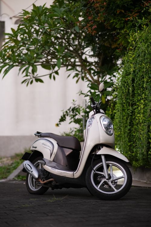 Free Vintage Vespa scooter parked on a quiet outdoor street, surrounded by greenery. Stock Photo