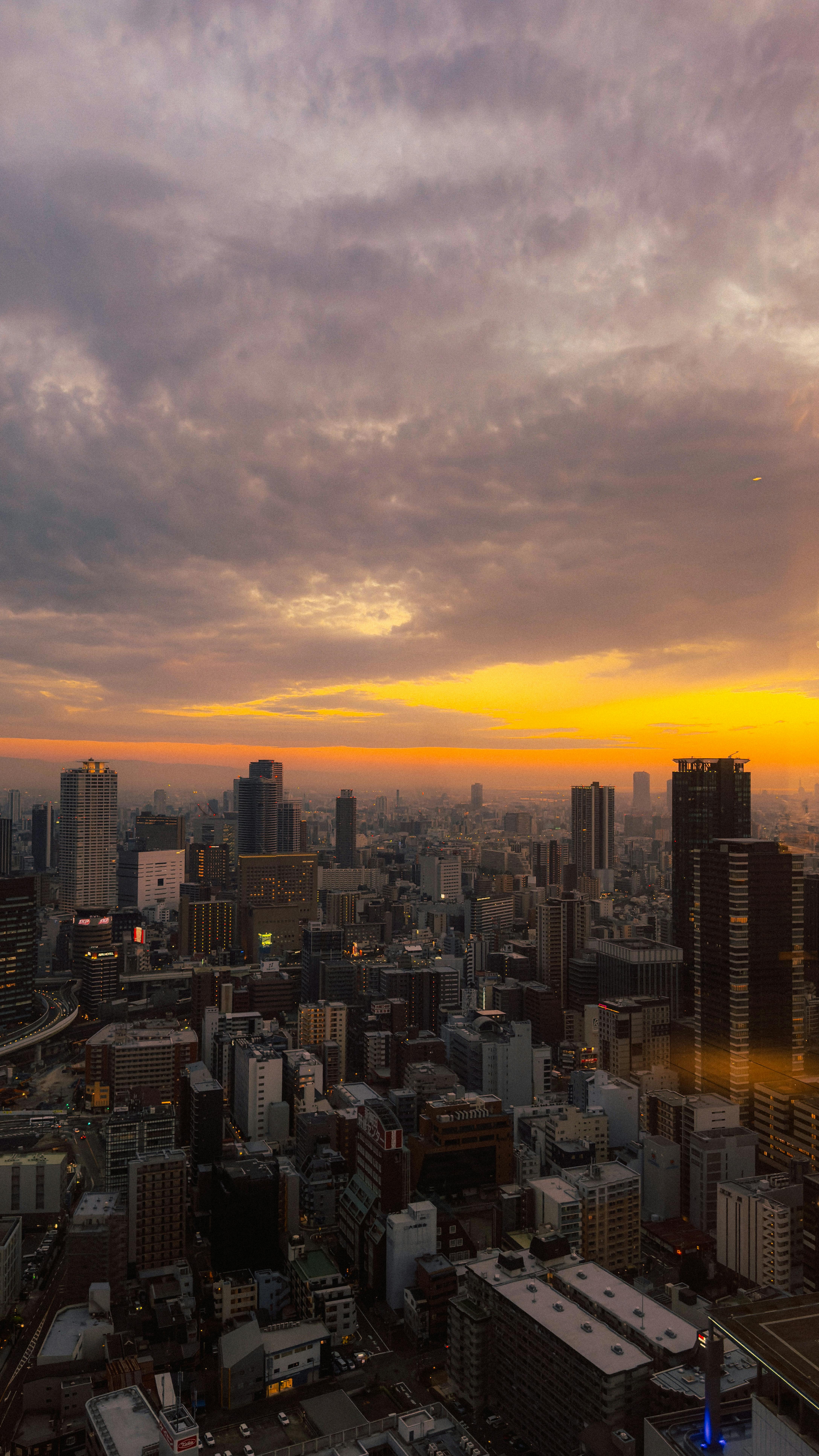 Breathtaking view of Osaka, Japan's skyline under a vibrant sunset.
