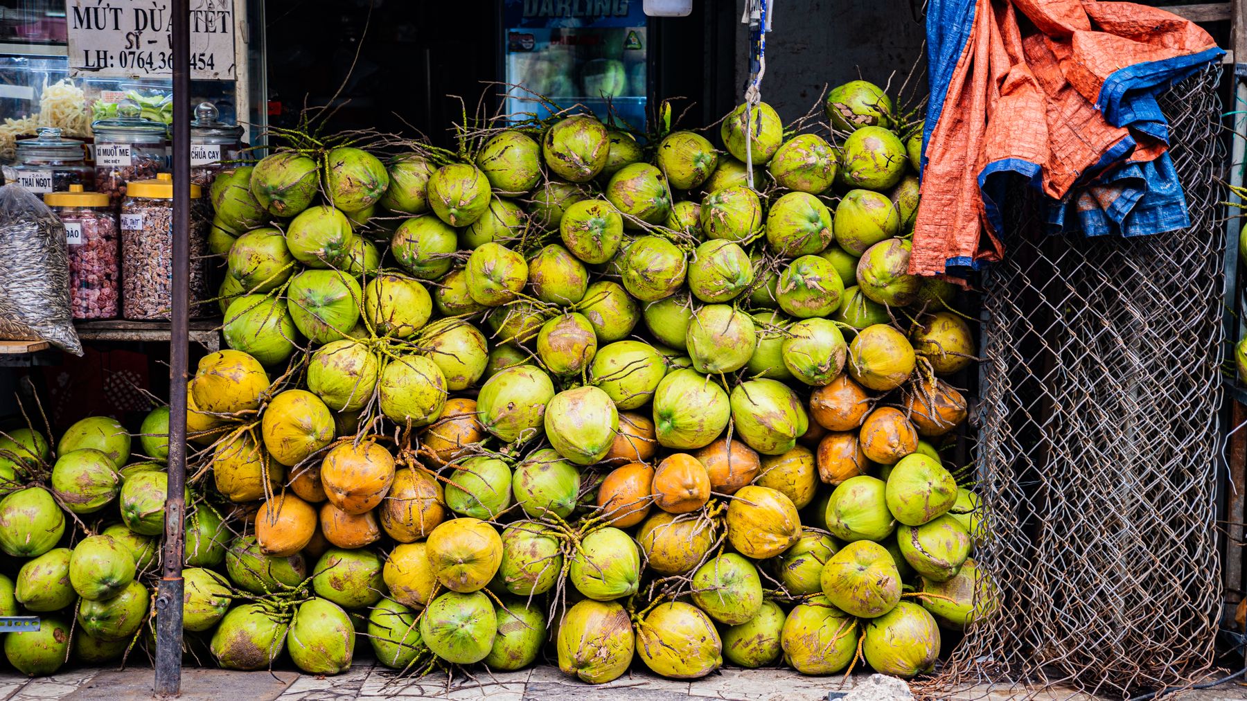 Vibrant display of fresh coconuts stacked outside a Vietnamese market, ideal for travel and food themes.