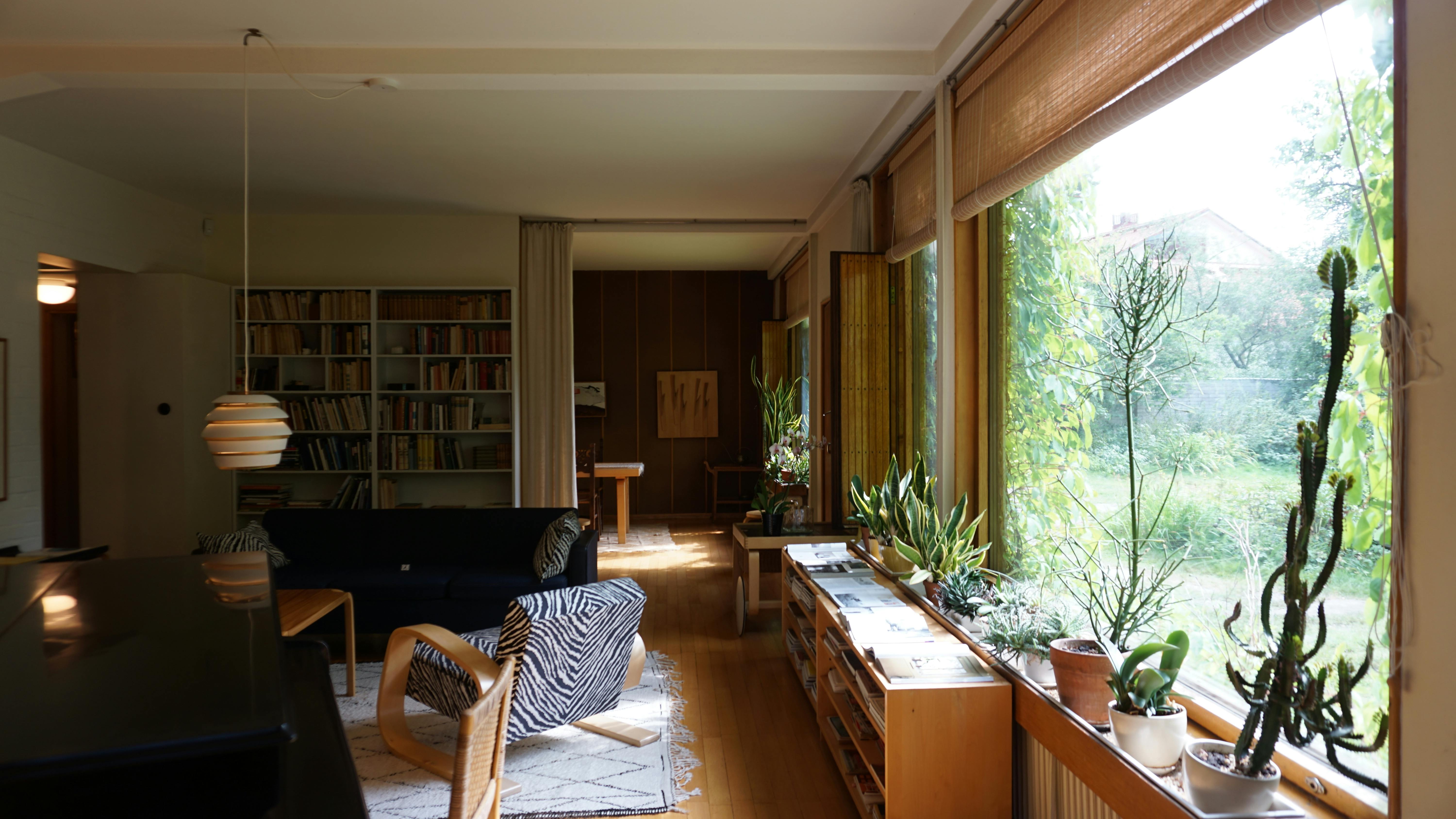 Spacious living room with large windows, natural light, and indoor plants creating a warm atmosphere.