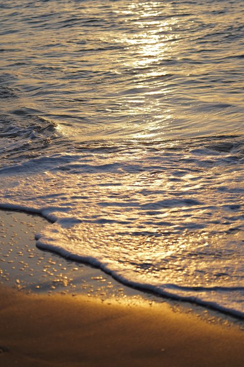 Free Golden sunlight reflecting on the ocean waves at sunset, capturing the serene beauty of a sandy beach. Stock Photo