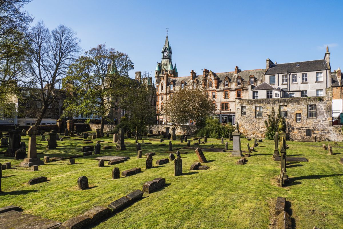 An old Edinburgh graveyard with headstones and trees