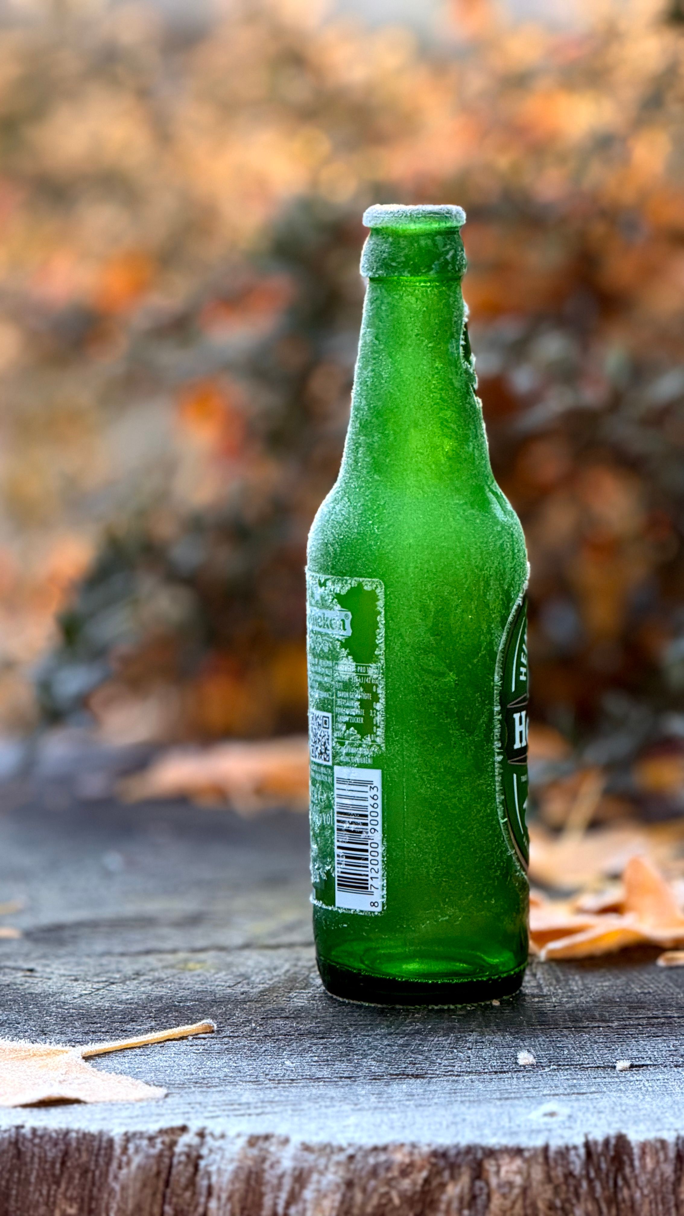 Chilled green beer bottle with frost, set on a wooden stump in autumn foliage.