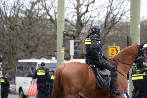 Free Police officers on horseback patrolling a city street, ensuring public safety. Stock Photo