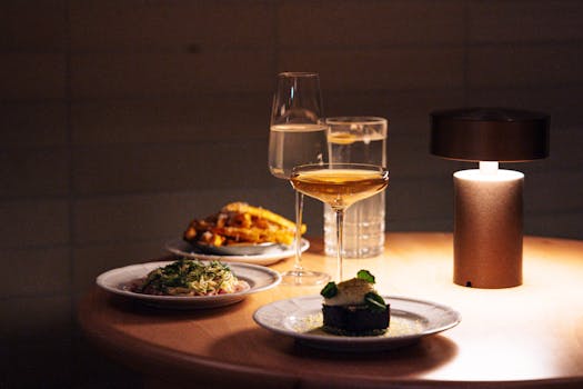Elegant dining setup in a Tokyo restaurant with gourmet dishes and drinks under ambient lighting.