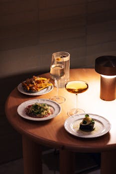 A sophisticated table setting with gourmet dishes and cocktails in a Tokyo restaurant.