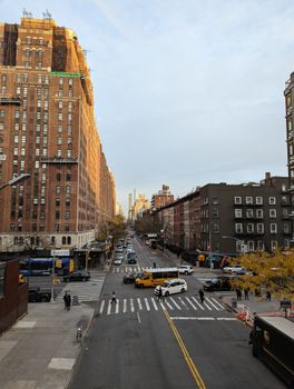 City street view showcasing classic architecture under a clear sky.