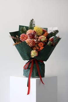 Colorful flower bouquet elegantly wrapped in dark green paper, perfect for celebrations.