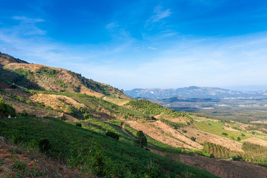 Stunning panoramic view of rolling hills and valleys in Kon Tum, Vietnam under clear blue sky.