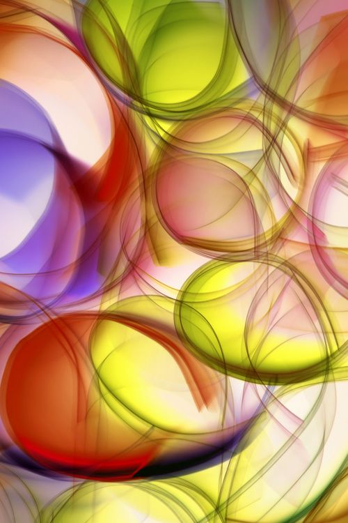 Free Dynamic abstract art featuring overlapping multicolored circles for creative design projects. Stock Photo