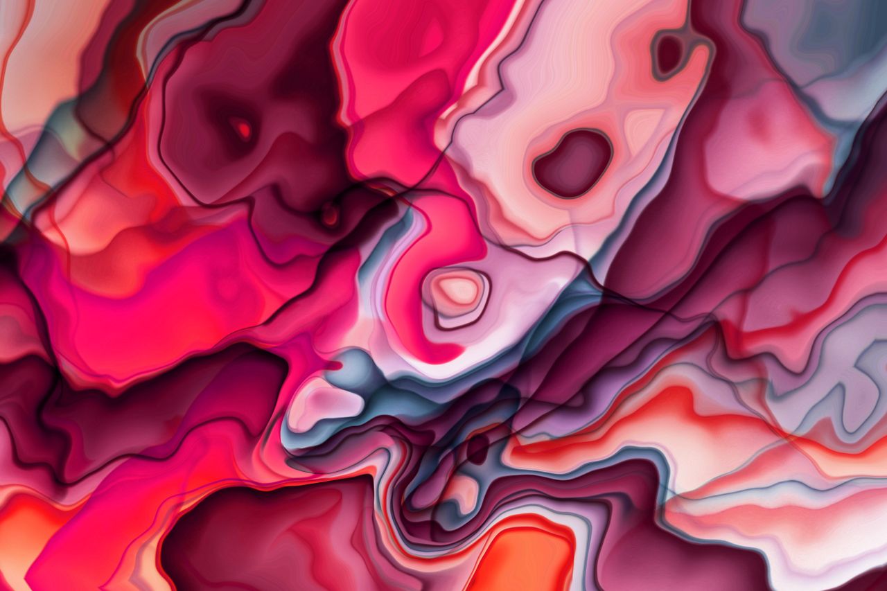 dynamic abstract artwork featuring fluid shapes in vibrant red and pin