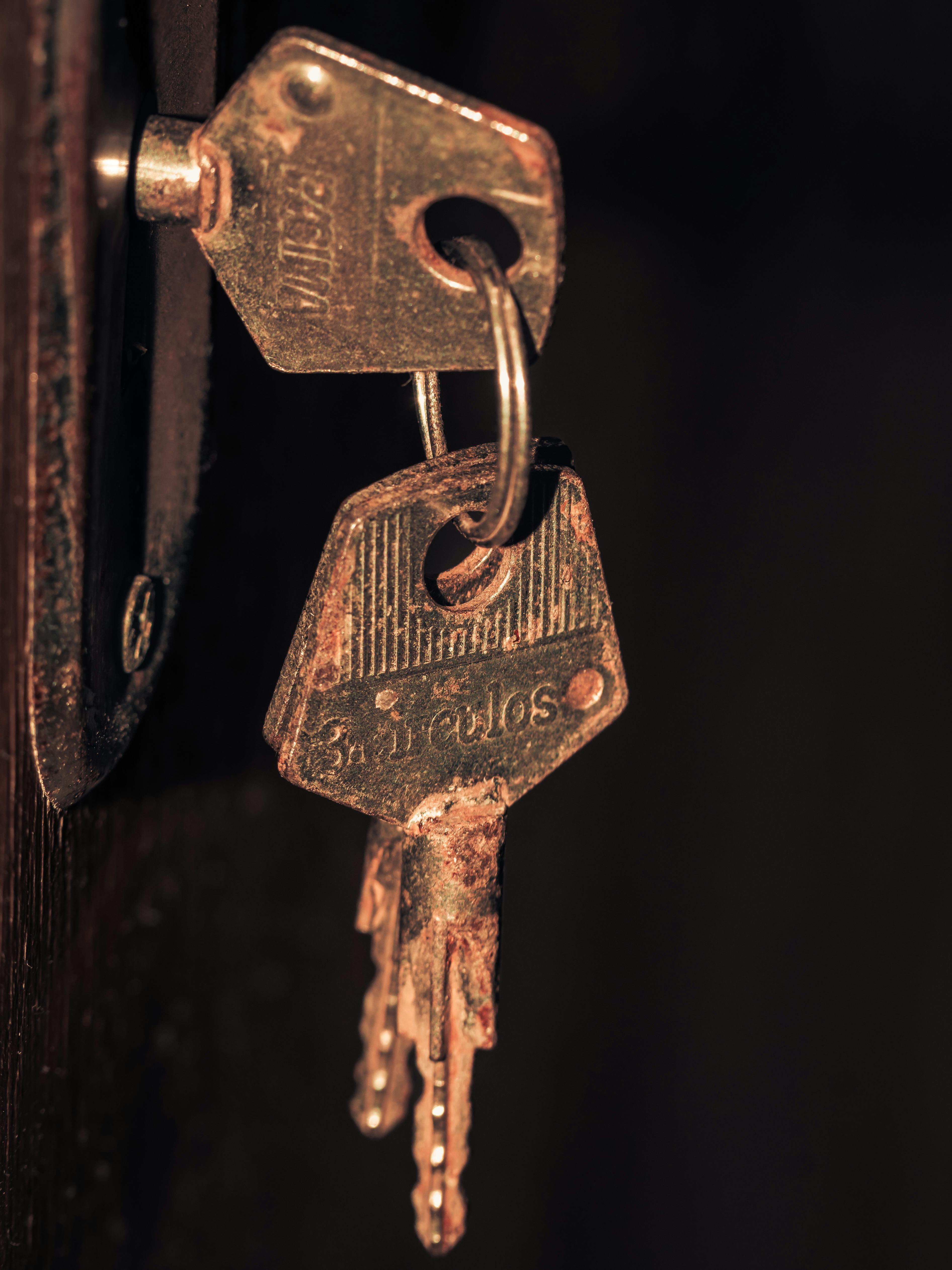 Detailed view of aged, rust-covered keys in a wooden door lock in Sao Paulo, Brasil.