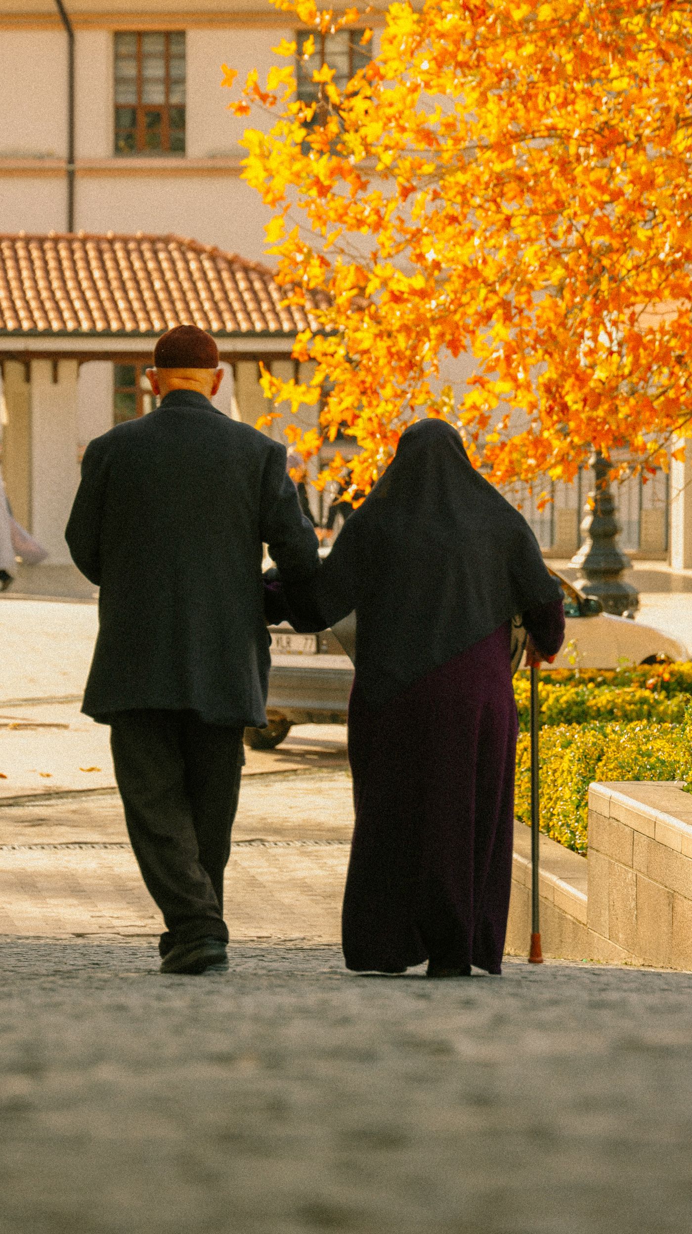 An older couple walking through a park in autumn