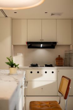 Sleek modern kitchen with beige cabinets and natural light.