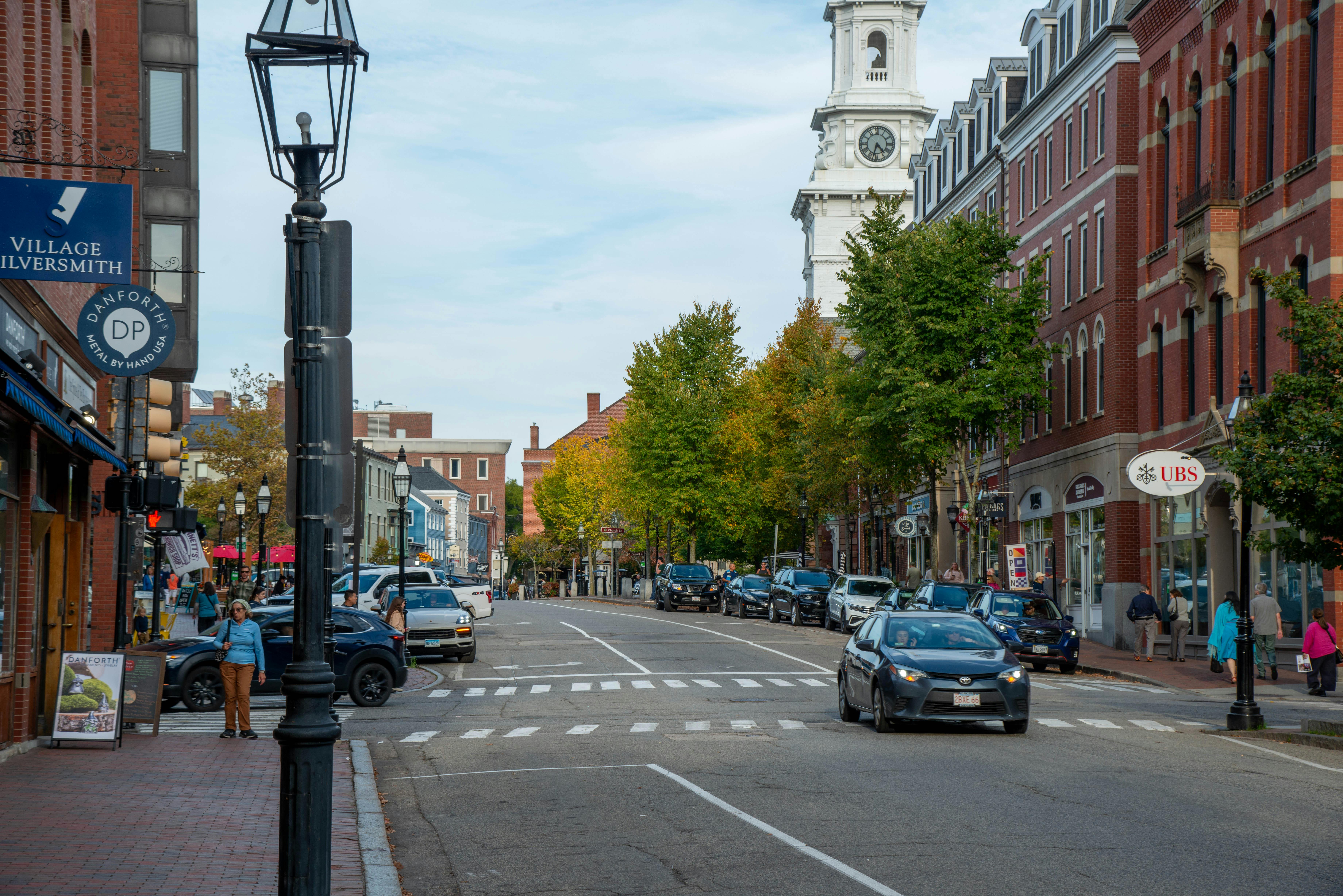 Charming street scene in Portsmouth, featuring historic architecture and local businesses.