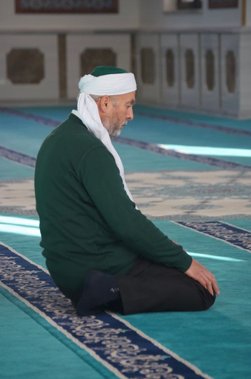 Free Man in a traditional mosque praying on a teal carpet under soft lighting. Stock Photo