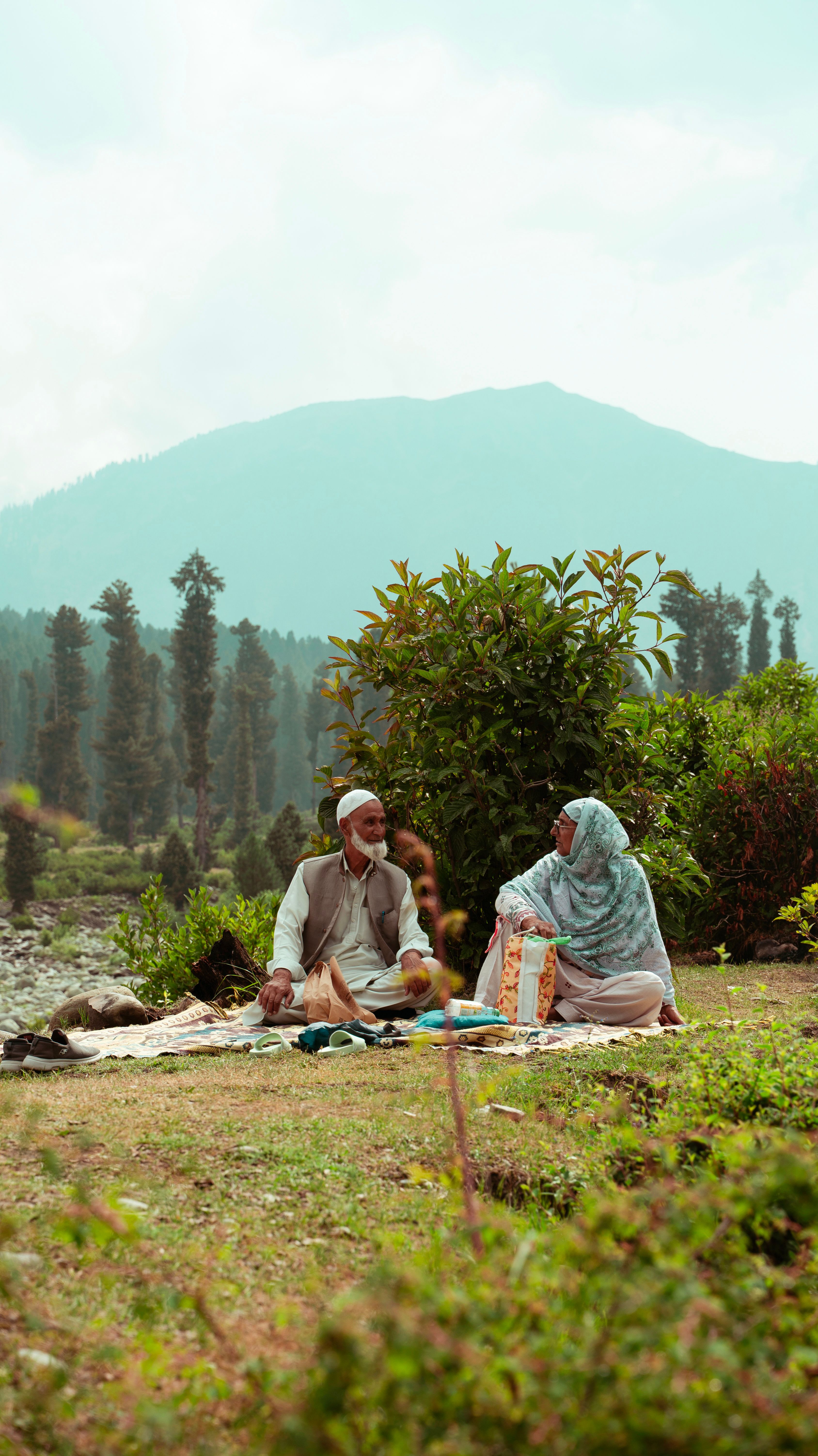 An elderly couple enjoys a picnic amidst the lush greenery and mountains of Kashmir.