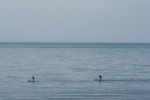 Peaceful scene of two paddleboarders on a calm sea under a clear sky, showcasing tranquility and outdoor adventure.