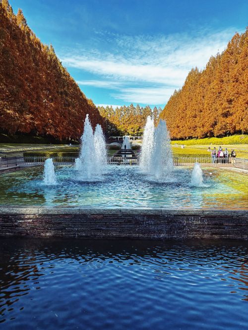 Free Stunning fountain surrounded by autumn trees in Sagamihara Park, Kanagawa, Japan. Stock Photo