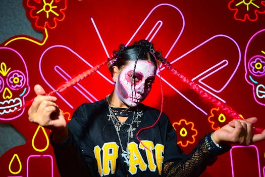 Vibrant Dia de los Muertos portrait featuring creative face paint and neon floral designs.