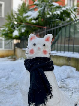 Adorable snowman made to look like a cat, wearing a scarf, in a snowy outdoor setting.
