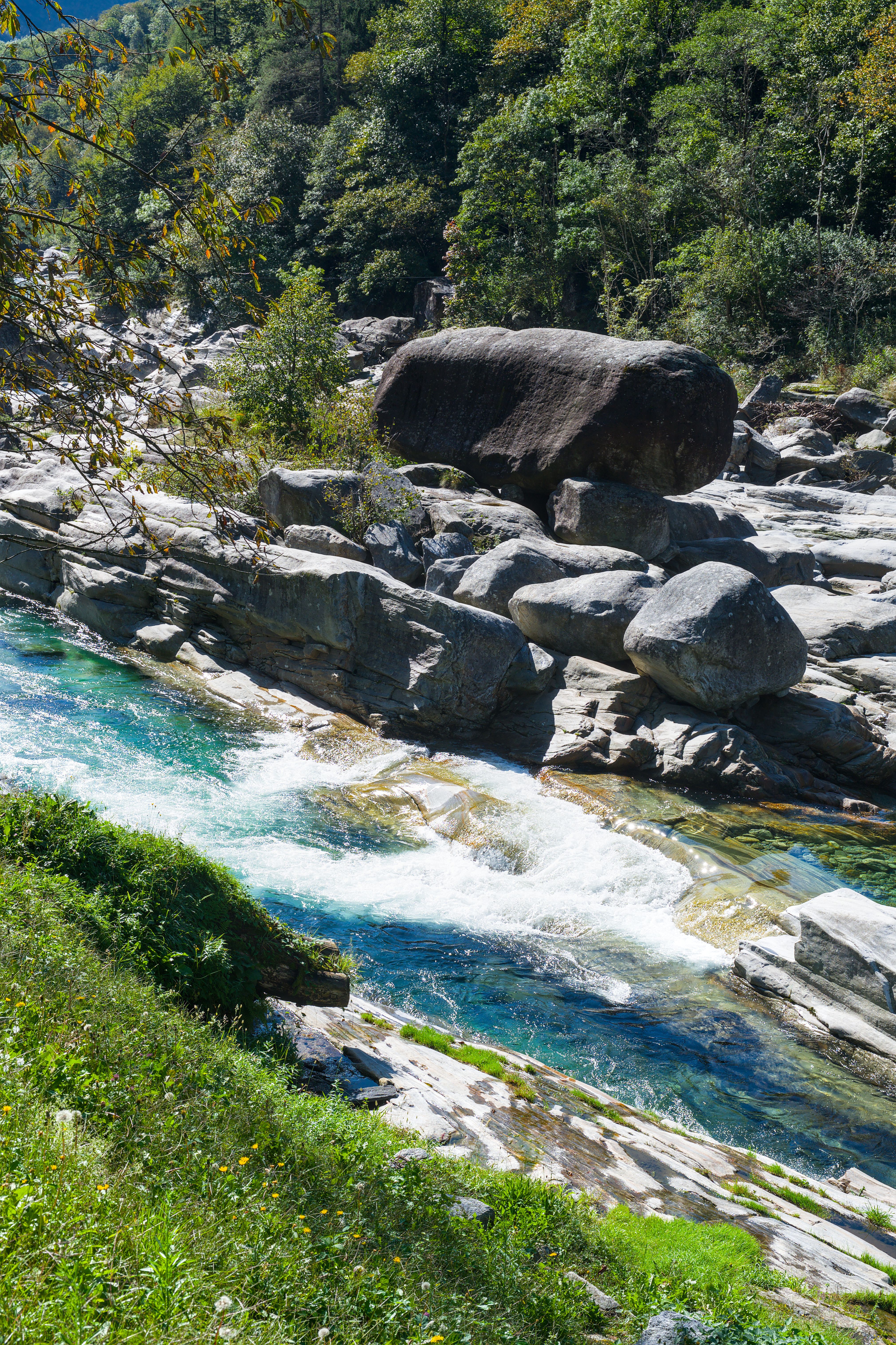 Crystal clear waters flow through the rocky Verzasca Valley in Switzerland, surrounded by lush greenery.