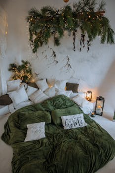 A warm and inviting bedroom decorated with festive greenery and cozy pillows, perfect for Christmas.