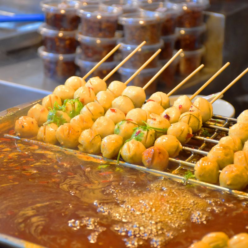 Tteok Meatball Skewers with Gochujang Glaze